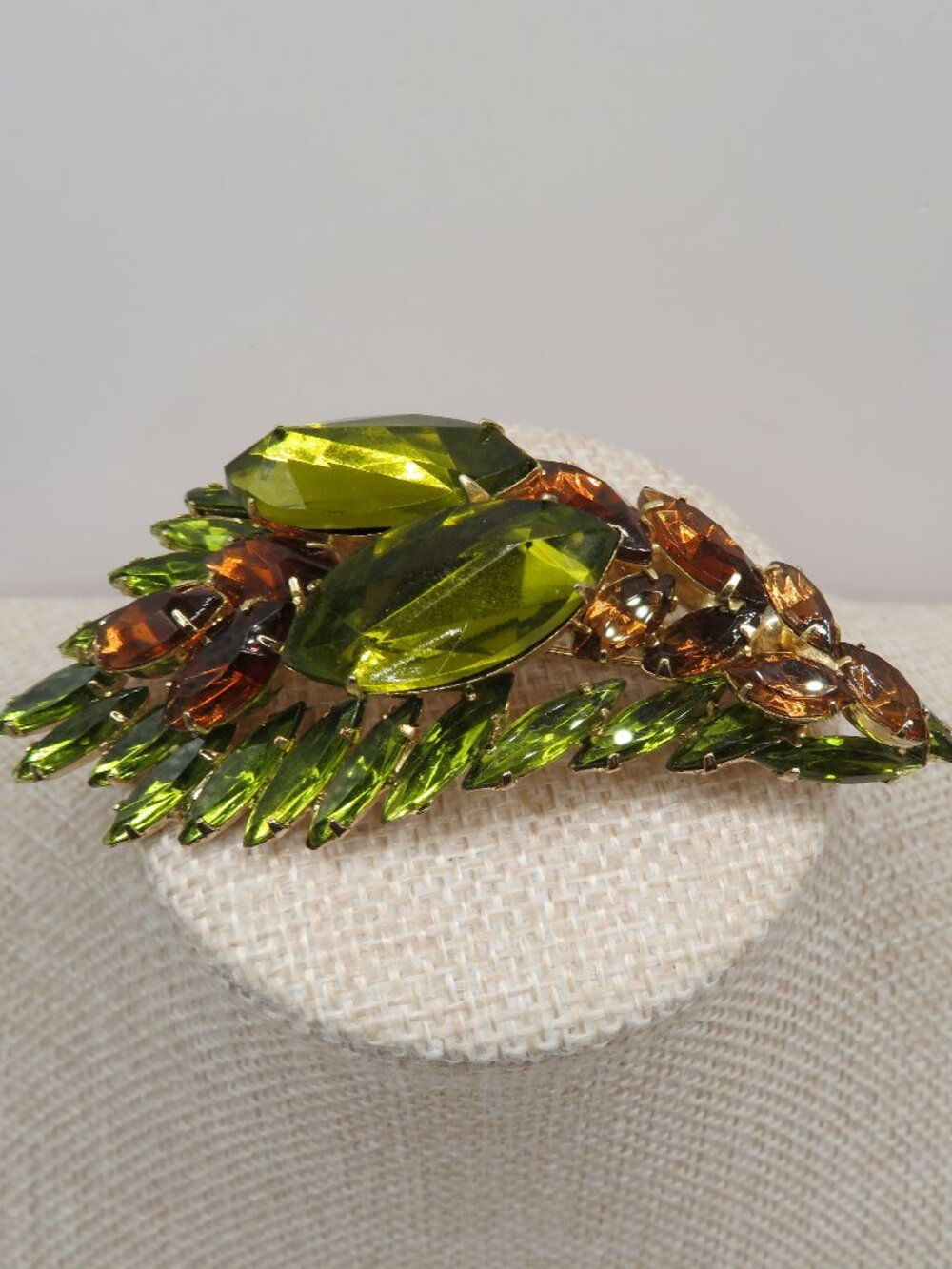 Vintage Green and Amber Color Navette Rhinestone Floral Spray Brooch